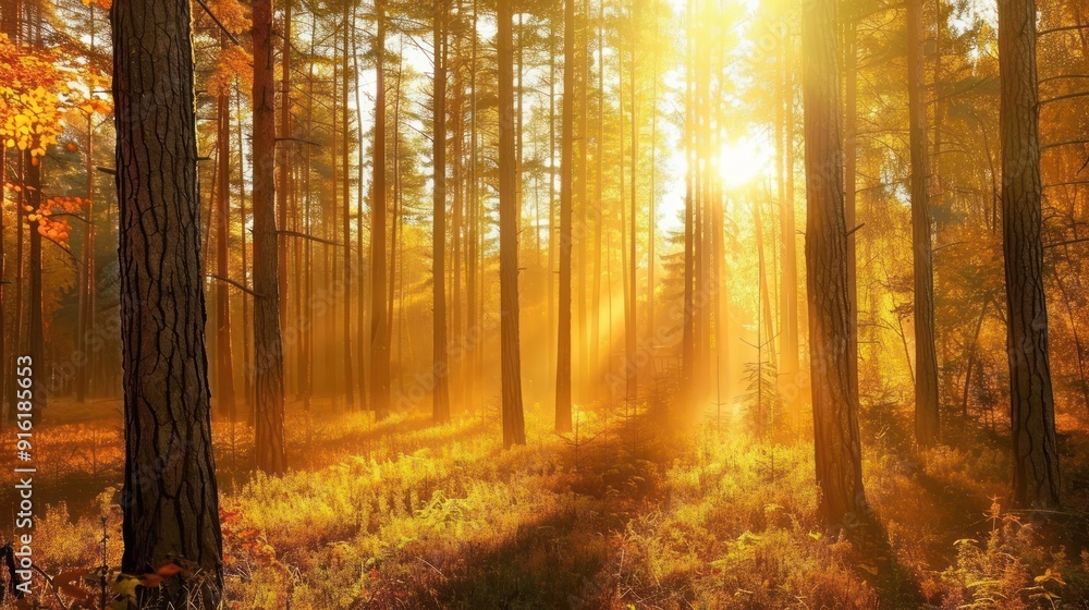Obraz premium Sunbeams Through a Misty Autumn Forest