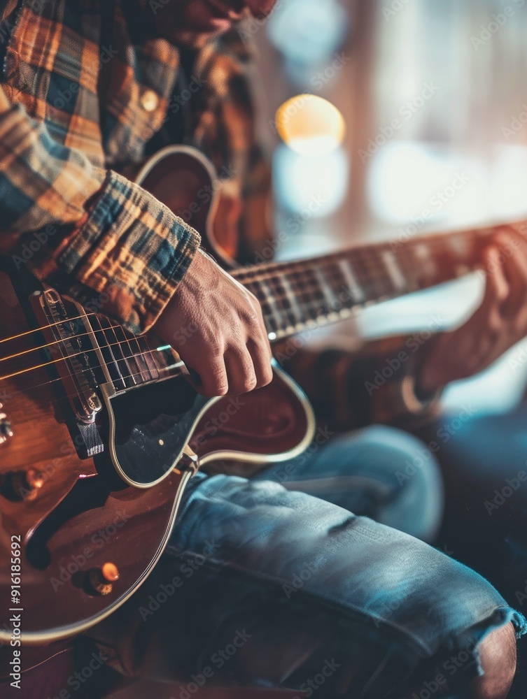 Fototapeta premium Close-up of a man's hands playing an electric guitar.