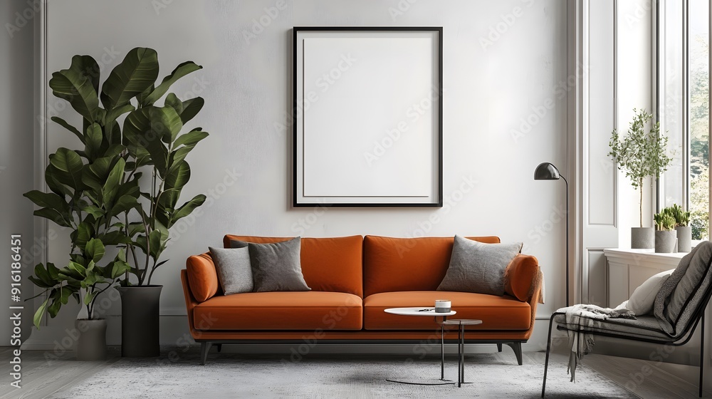 Minimalist black-and-white poster mockup in a white frame, hanging in a simple living room with neutral tones Minimalist black-and-white poster mockup in a white frame, hanging in a simple living room with neutral tones