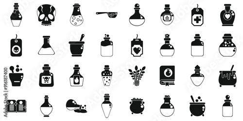 Magic elixir icons set. This vector icon set features various elements related to alchemy, witchcraft, and potion making, perfect for projects related to magic, fantasy, and the occult