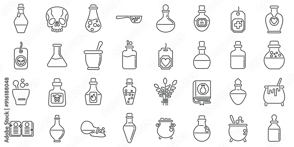 Magic elixir icons set. Set of magic and alchemy linear icons representing flasks, bottles, jars, cauldrons, skull, spell book and herbs Magic elixir icons set. Set of magic and alchemy linear icons representing flasks, bottles, jars, cauldrons, skull, spell book and herbs