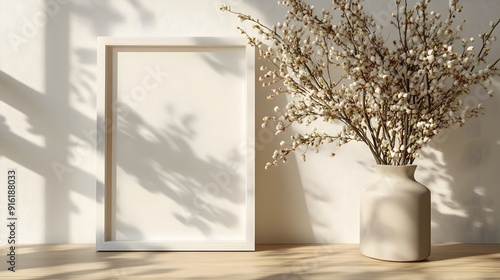 Simple white frame with a minimalist art print mockup, leaning against a wall on a light wooden surface