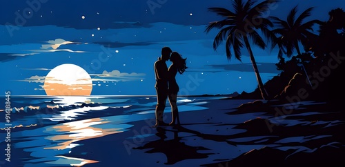 Beach couple coconut drink view silhouette background. Summer day vector illustration poster design template, couple in love on the ocean beach vector summer illustration