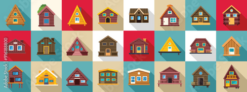 Wooden cabin icons set. Set of various wooden log cabins for rent or sale, perfect for illustrating real estate, vacations, or construction