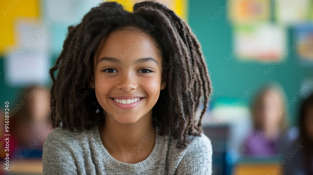 Portrait of a smiling young girl in a classroom. Portrait of a smiling young girl in a classroom.