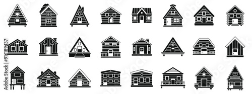 Wooden cabin icons set. This collection of wooden houses shows a variety of architectural styles, perfect for illustrating concepts related to housing, construction, or real estate