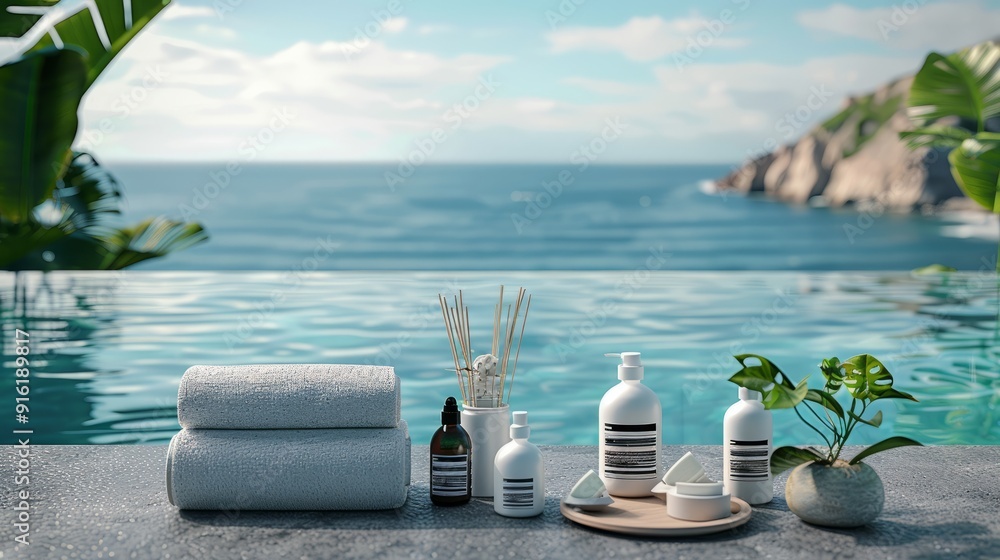 Spa products on a tray by the ocean with a serene coastal background Spa products on a tray by the ocean with a serene coastal background