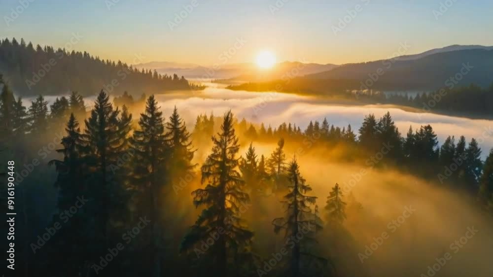 custom made wallpaper toronto digitalsunbeams through clouds over misty forested mountains
