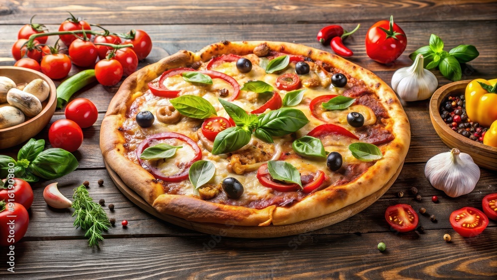 Delicious pizza topped with an assortment of supreme ingredients, supreme, pizza, food, tasty, delicious, Italian, cuisine Delicious pizza topped with an assortment of supreme ingredients, supreme, pizza, food, tasty, delicious, Italian, cuisine