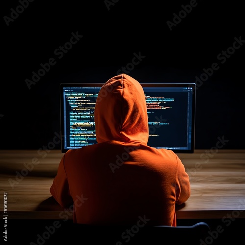 Silhouette of a hacker with a virtual control panel in front of them, hacker identity, cyber manipulation photo