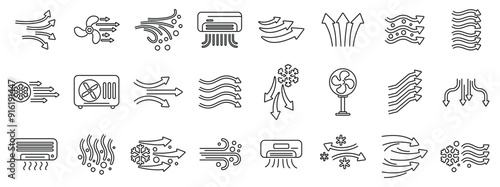 Cold air flow icons set. This set of icons depicts various aspects of airflow, including air conditioning, ventilation, and fans