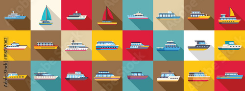 Luxury trip boat icons set. Set of different passenger and cargo ships for water excursion or trip presenting cruise liners and sailboats with long shadows on colorful background