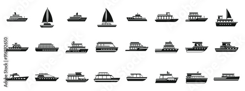 Luxury trip boat icons set. Set of black and white icons showing different types of luxury yachts and boats for sea travel and recreation