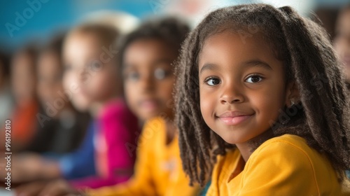 Young girl with dreadlocks smiling in class.