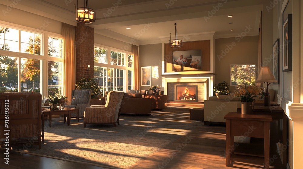 Fototapeta premium Spacious Living Room with Warm Lighting and a Cozy Fireplace