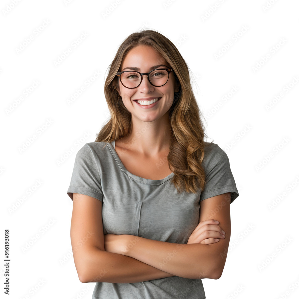 Portrait of a happy woman wearing glasses, smiling with arms crossed, isolated on transparent background Portrait of a happy woman wearing glasses, smiling with arms crossed, isolated on transparent background