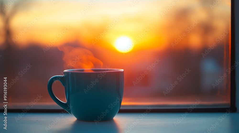 Cup of coffee on a windowsill with a sunset view. Cup of coffee on a windowsill with a sunset view.
