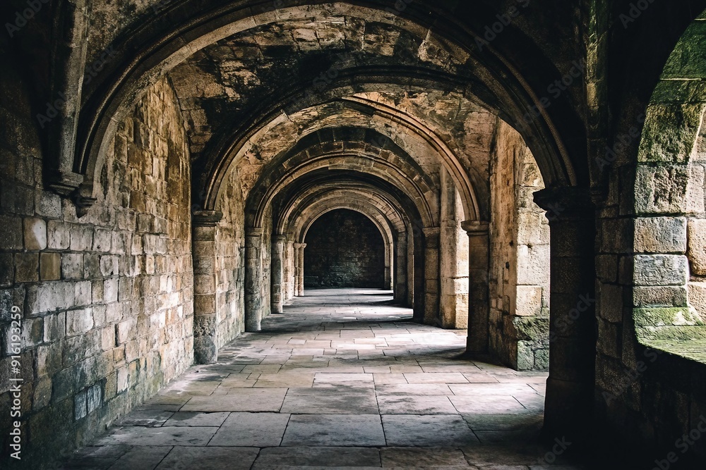 a long hallway with stone walls and arches a long hallway with stone walls and arches