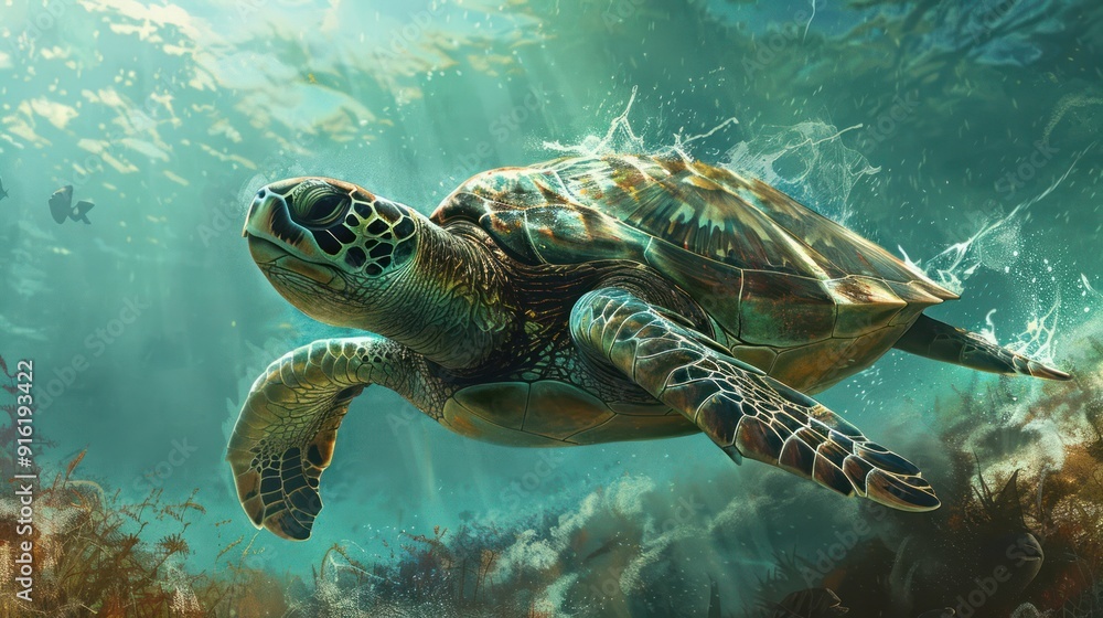 Fototapeta premium Green Sea Turtle Swimming Through Underwater Coral Reef