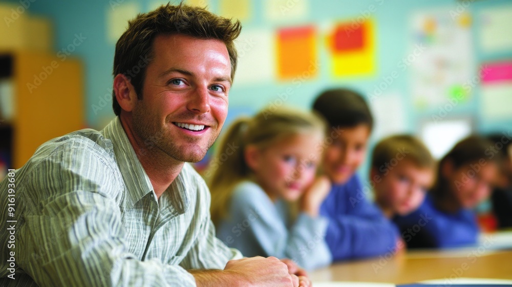Smiling Teacher in Classroom with Students. Smiling Teacher in Classroom with Students.