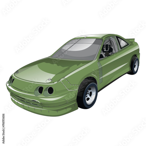 Outline green and painted racing car. Isolated in black background, for t-shirt design, print. and for business purposes.