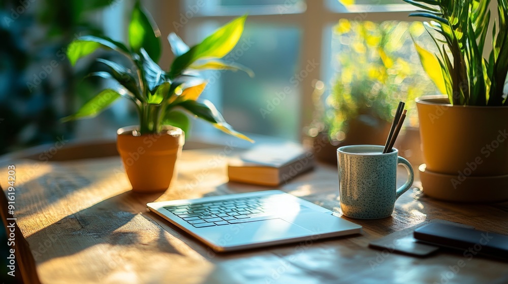 Laptop, Coffee Cup and Plants on Wooden Table. Laptop, Coffee Cup and Plants on Wooden Table.