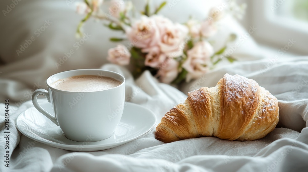 Coffee and Croissant on a Bed of Linen. Coffee and Croissant on a Bed of Linen.
