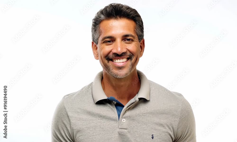Medium shot portrait video of a cheerful man in his 40s wearing a sporty polo shirt against a white background Medium shot portrait video of a cheerful man in his 40s wearing a sporty polo shirt against a white background
