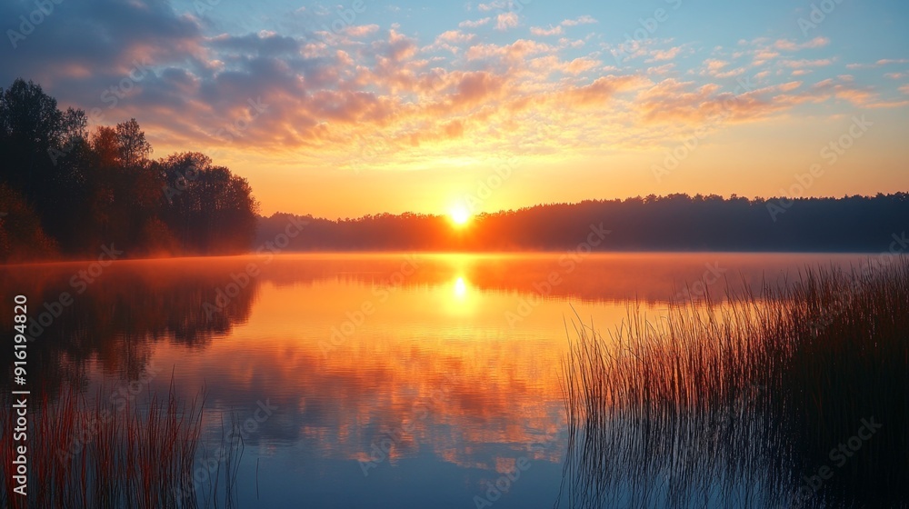 Sunrise Over Foggy Lake. Sunrise Over Foggy Lake.