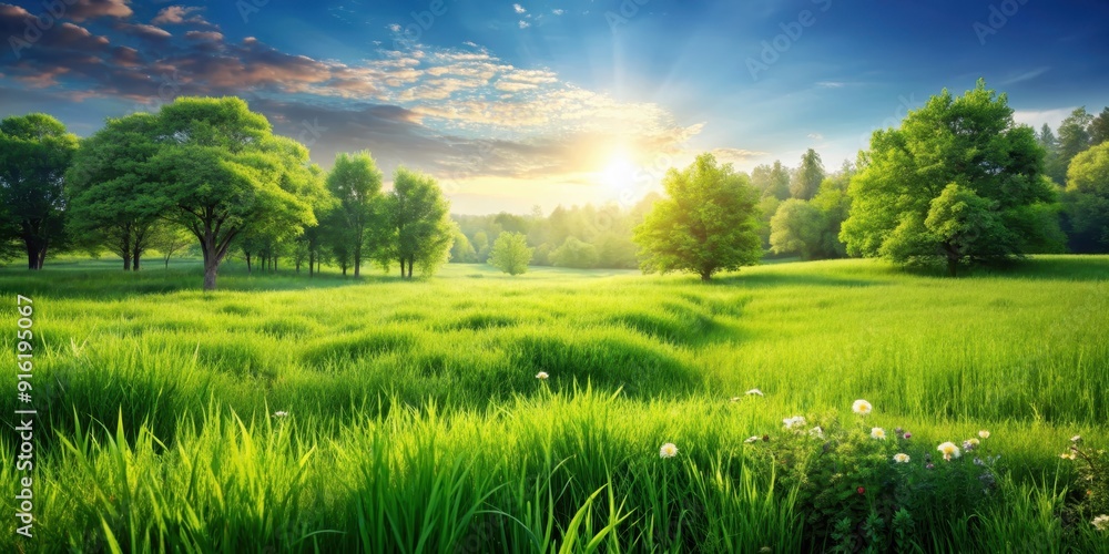 Fototapeta premium Lush green meadow with vibrant grass and plants , lawn, field, meadow, green, grass, plant, nature, outdoor, fresh