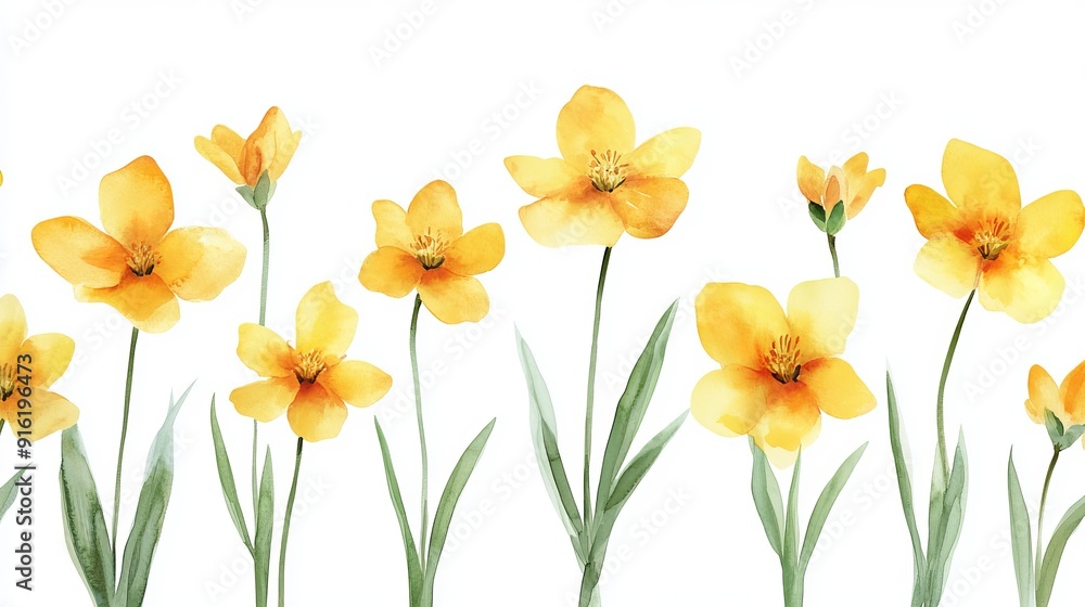 3D Watercolor Yellow Spring Flowers with Bold Outline - Stock Photo 3D Watercolor Yellow Spring Flowers with Bold Outline - Stock Photo