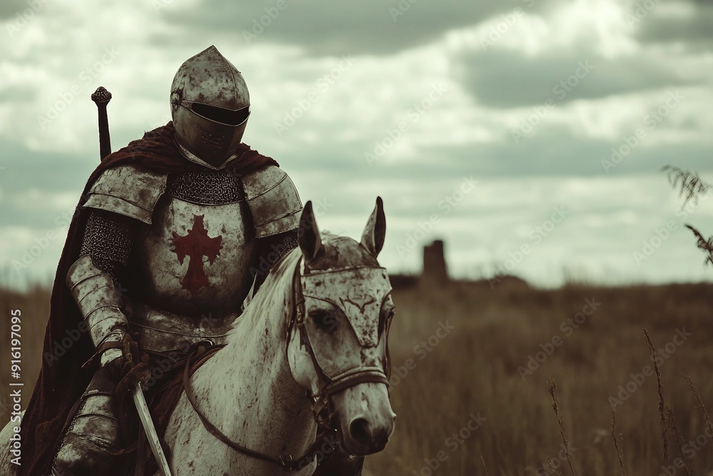 Fototapeta premium a man in armor riding a horse through a field