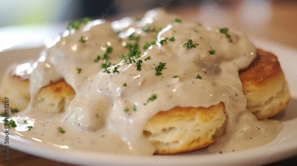 Close-up of Biscuits and Gravy with Parsley Close-up of Biscuits and Gravy with Parsley