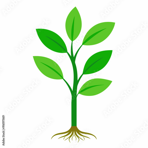 Green Leaves and brown Tree with Roots. Vector Illustration