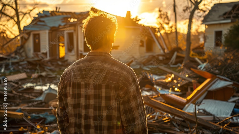 Fototapeta premium Man standing amidst debris of a destroyed house during sunset