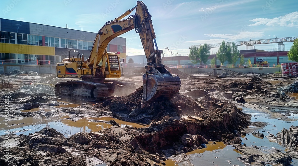 Fototapeta premium Excavator working on a construction site with muddy ground during the day