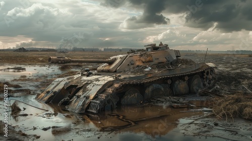 A Wrecked Tank Lies Submerged in a Muddy Field