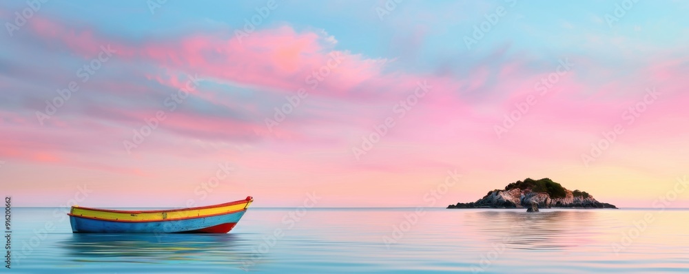 A serene landscape featuring a colorful boat on calm waters, with a distant island under a beautiful pastel sky. A serene landscape featuring a colorful boat on calm waters, with a distant island under a beautiful pastel sky.