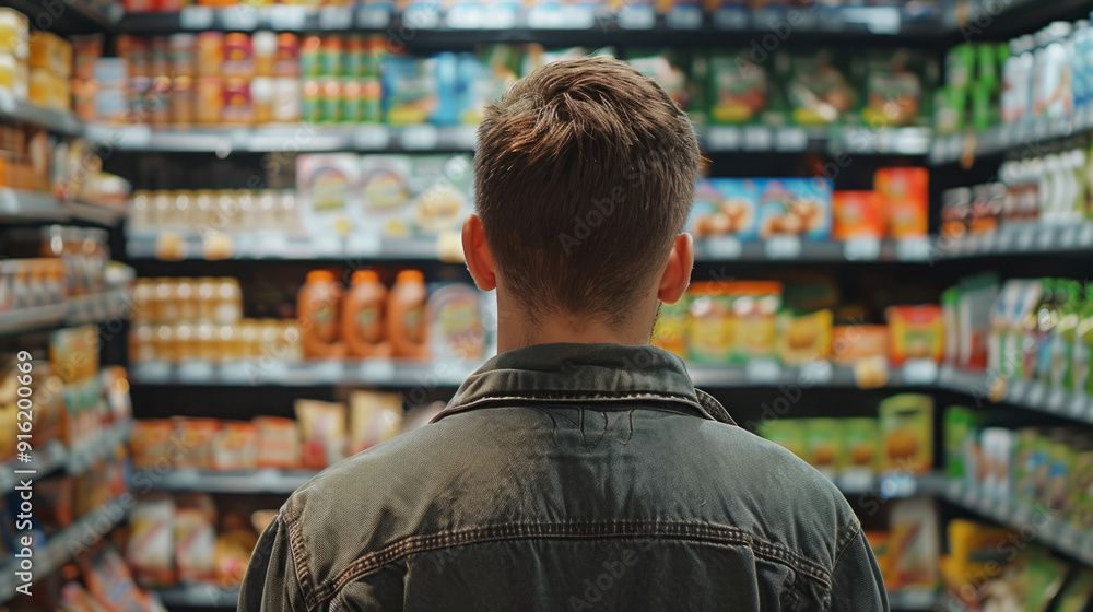 A young man stands in an aisle of a grocery store, super market browsing the selection. A young man stands in an aisle of a grocery store, super market browsing the selection.