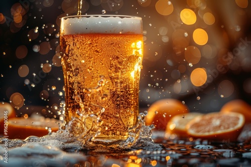 Sparkling golden beer poured into chilled glass on dark background, showcasing crisp refreshment