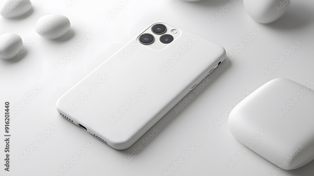 White phone case mockup with a simple design, displayed on a clean, white surface White phone case mockup with a simple design, displayed on a clean, white surface