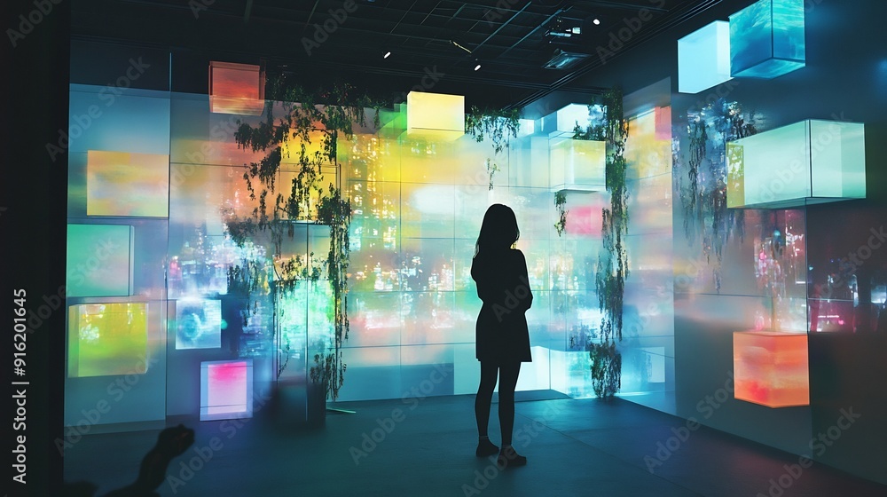 Silhouette of a Woman in a Room with Glowing Lights and Walls Silhouette of a Woman in a Room with Glowing Lights and Walls