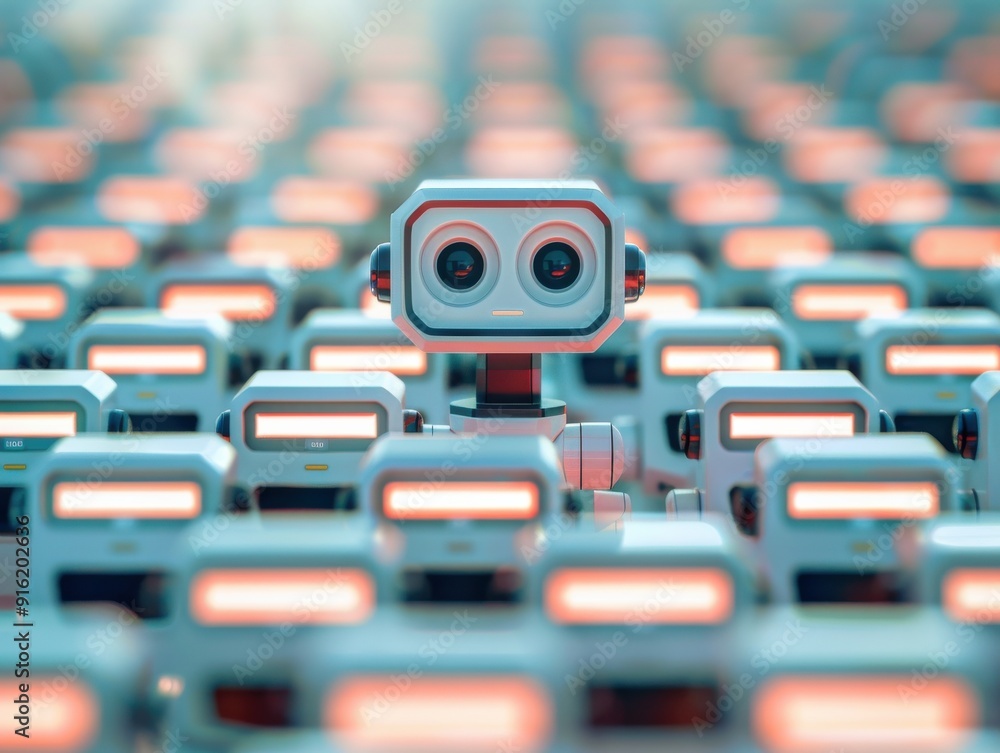 A unique robot standing out among a crowd of robotic figures, showcasing innovation and technology in modern design. A unique robot standing out among a crowd of robotic figures, showcasing innovation and technology in modern design.