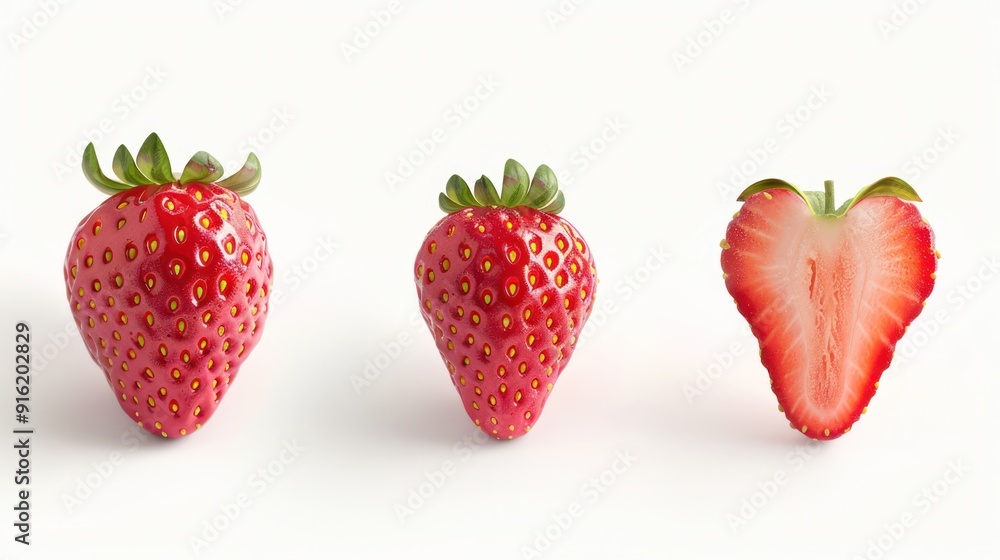 Three Strawberries: Whole, Cut, and Sliced Three Strawberries: Whole, Cut, and Sliced
