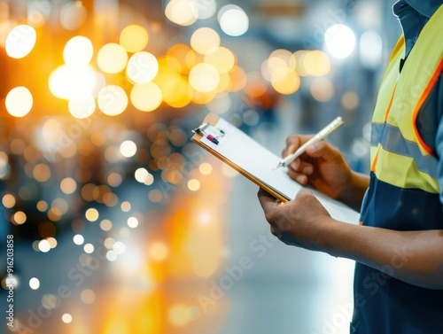 A worker in a safety vest takes notes on a clipboard, showcasing focus and attention to detail in a bustling environment. photo