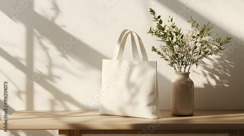 White tote bag mockup displayed on a light wooden table with a neutral background