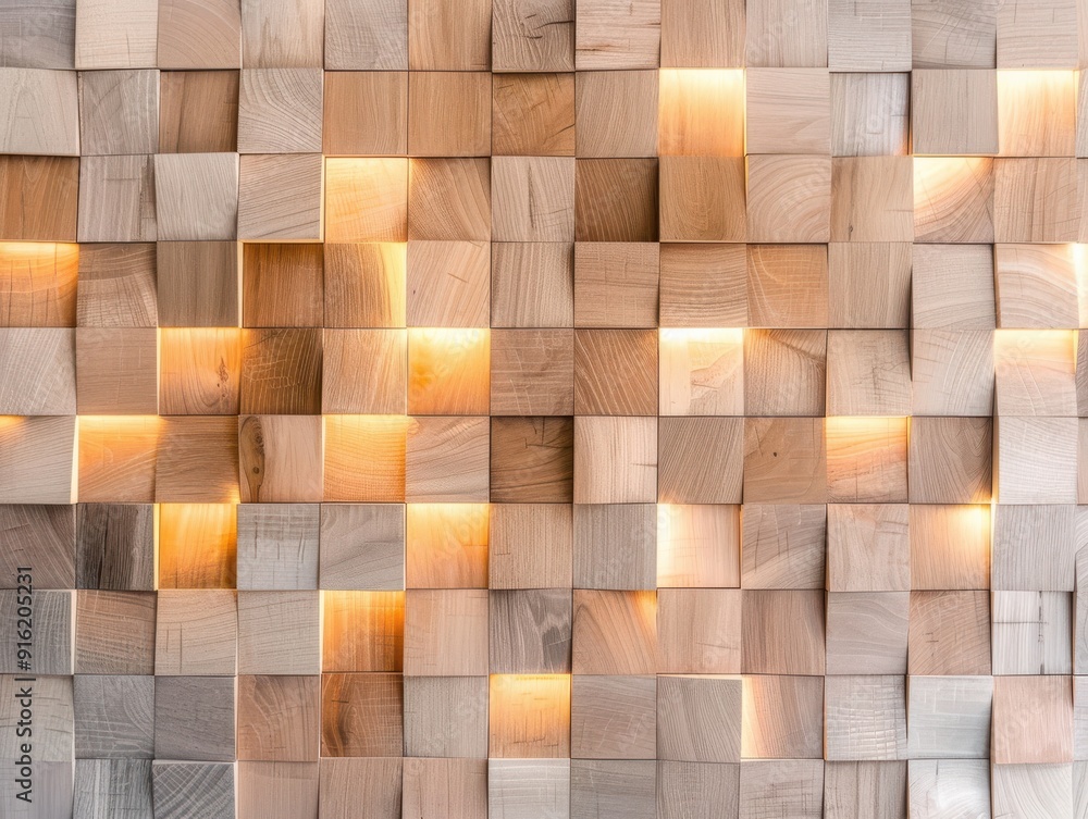 Elegant wooden wall featuring a geometric pattern with soft glowing lights, perfect for interior design and decoration inspiration. Elegant wooden wall featuring a geometric pattern with soft glowing lights, perfect for interior design and decoration inspiration.