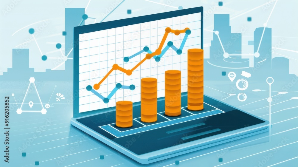 Illustration of a laptop displaying a financial graph, symbolizing growth and digital analytics in business. Illustration of a laptop displaying a financial graph, symbolizing growth and digital analytics in business.