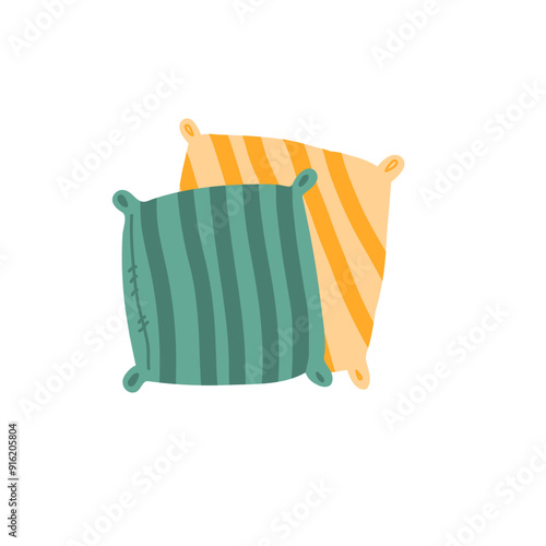 Decorative pillows green and yellow striped, interior elements for cozy home, cushions with modern pattern for comfort, color vector illustration isolated on white background, hygge style