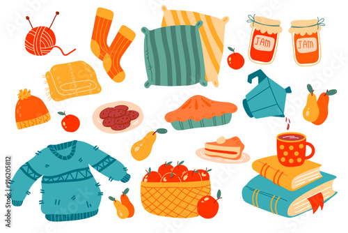 Autumn  collection, vector illustrations set in flat cartoon style. Cozy mugs, cup, hot beverages, seasonal warm drinks, warm sweater, jam, cookies, pumpkin pie, hat, pillow, socks. S